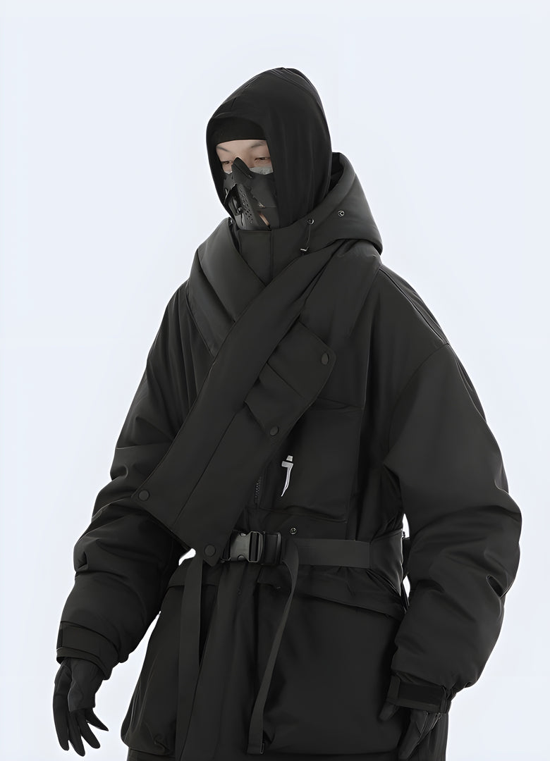 Black men wearing technical winter jacket side view.