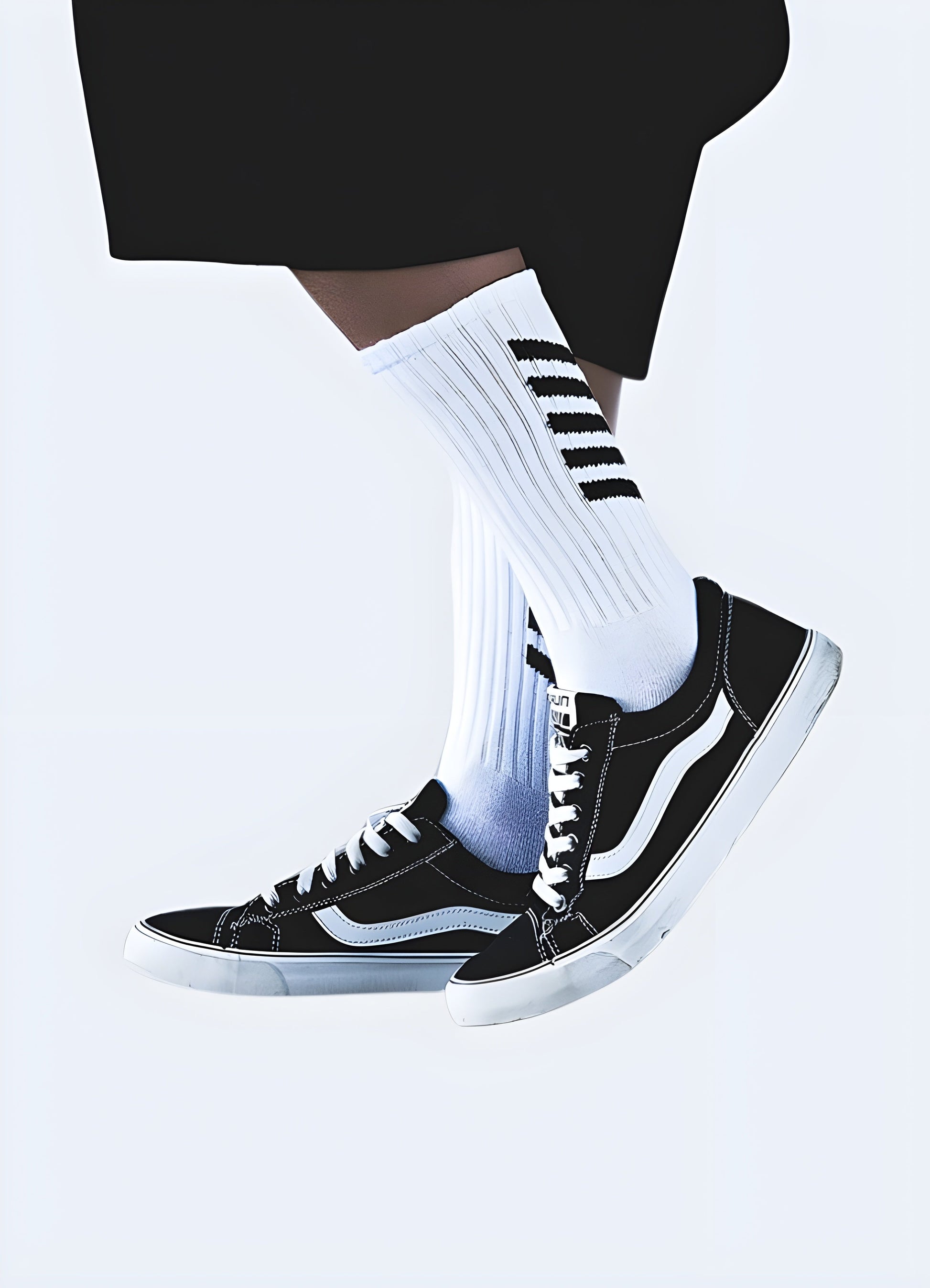 Man wearing white techwear-inspired streetwear socks, demonstrating the trendy side view and comfortable fit for Canada urban explorers.