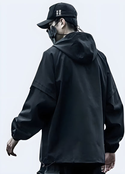 Back view of a man wearing a techwear shell jacket showcasing its streamlined design, adjustable elements, and durable construction, ideal for staying comfortable and fashionable while navigating Canada's diverse weather conditions.