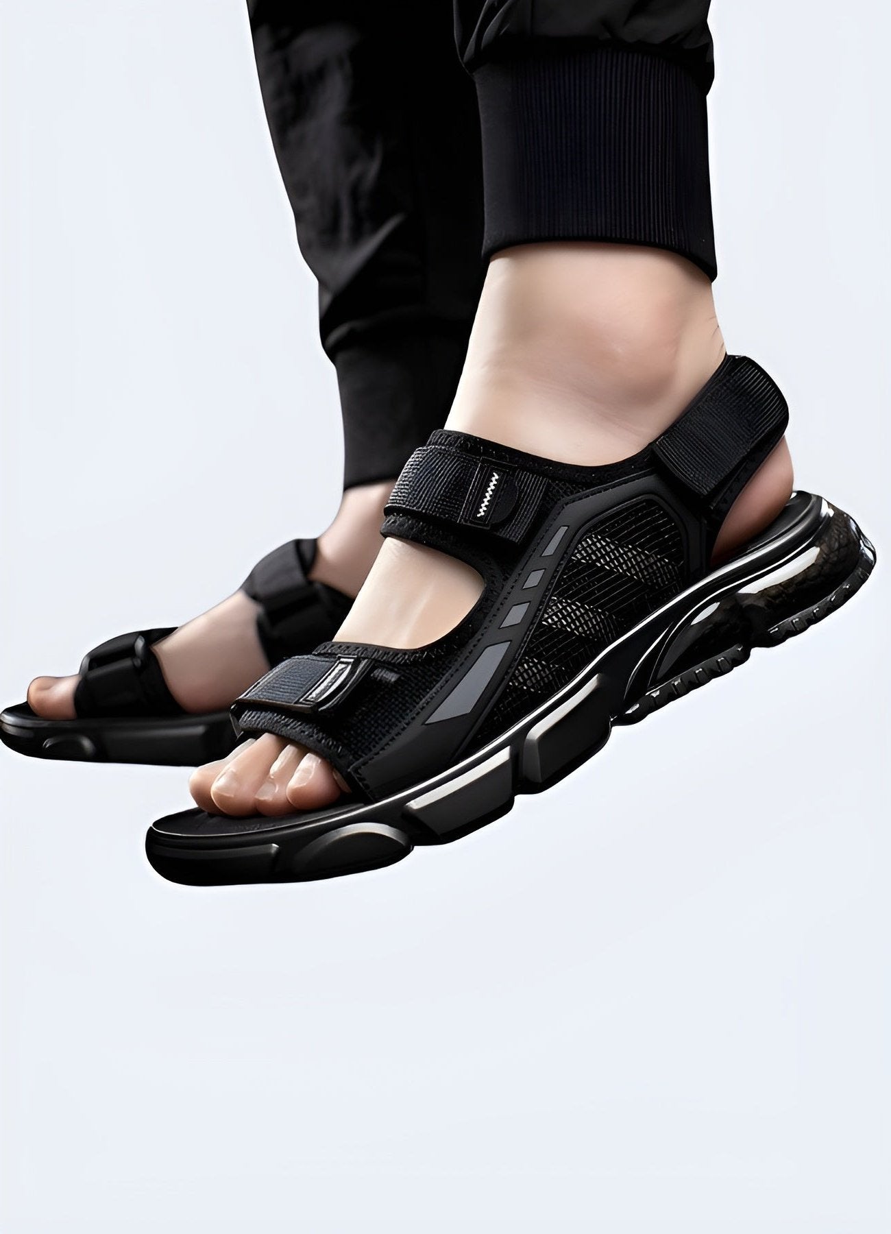 Front and side view of a man wearing techwear slides, showcasing the sleek silhouette, technical fabrics, and modern aesthetics for a cutting-edge look.