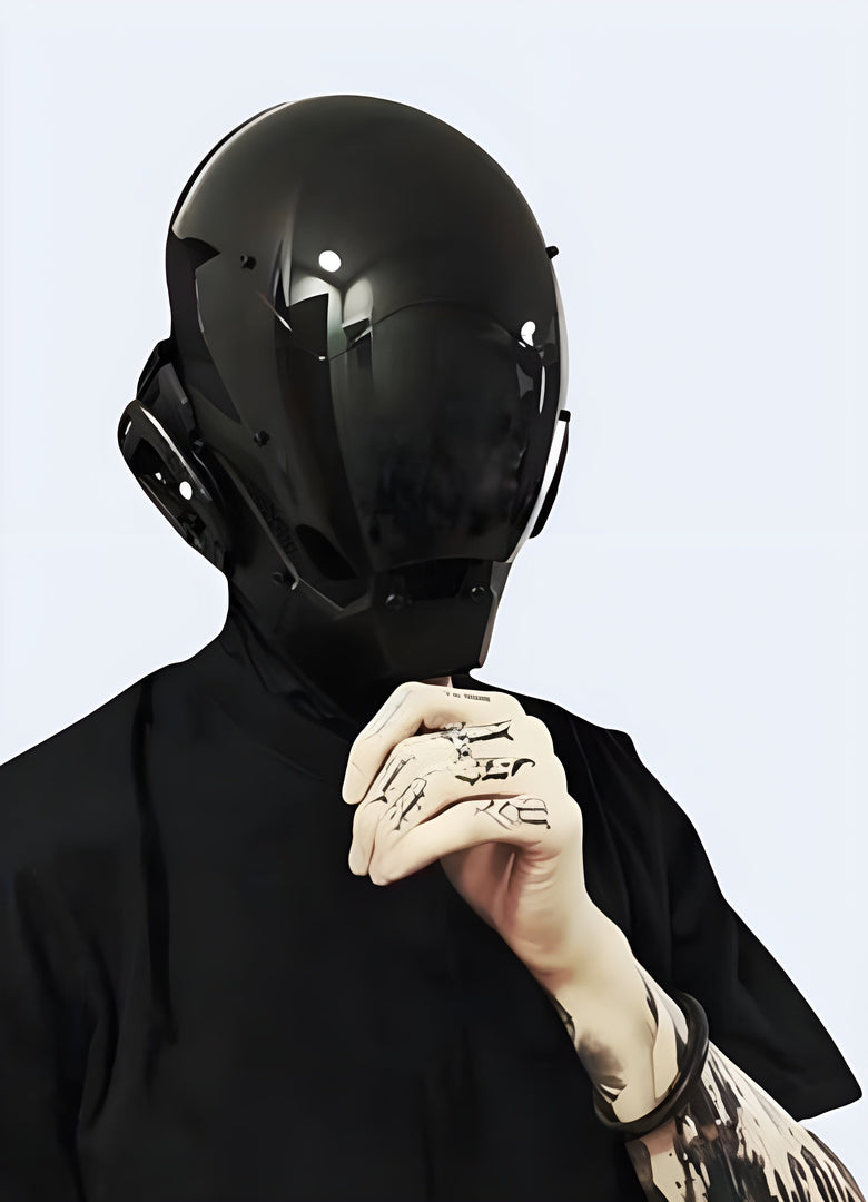 Men in techwear warcore helmet, front view, highlighting advanced urban fashion trends Canada.