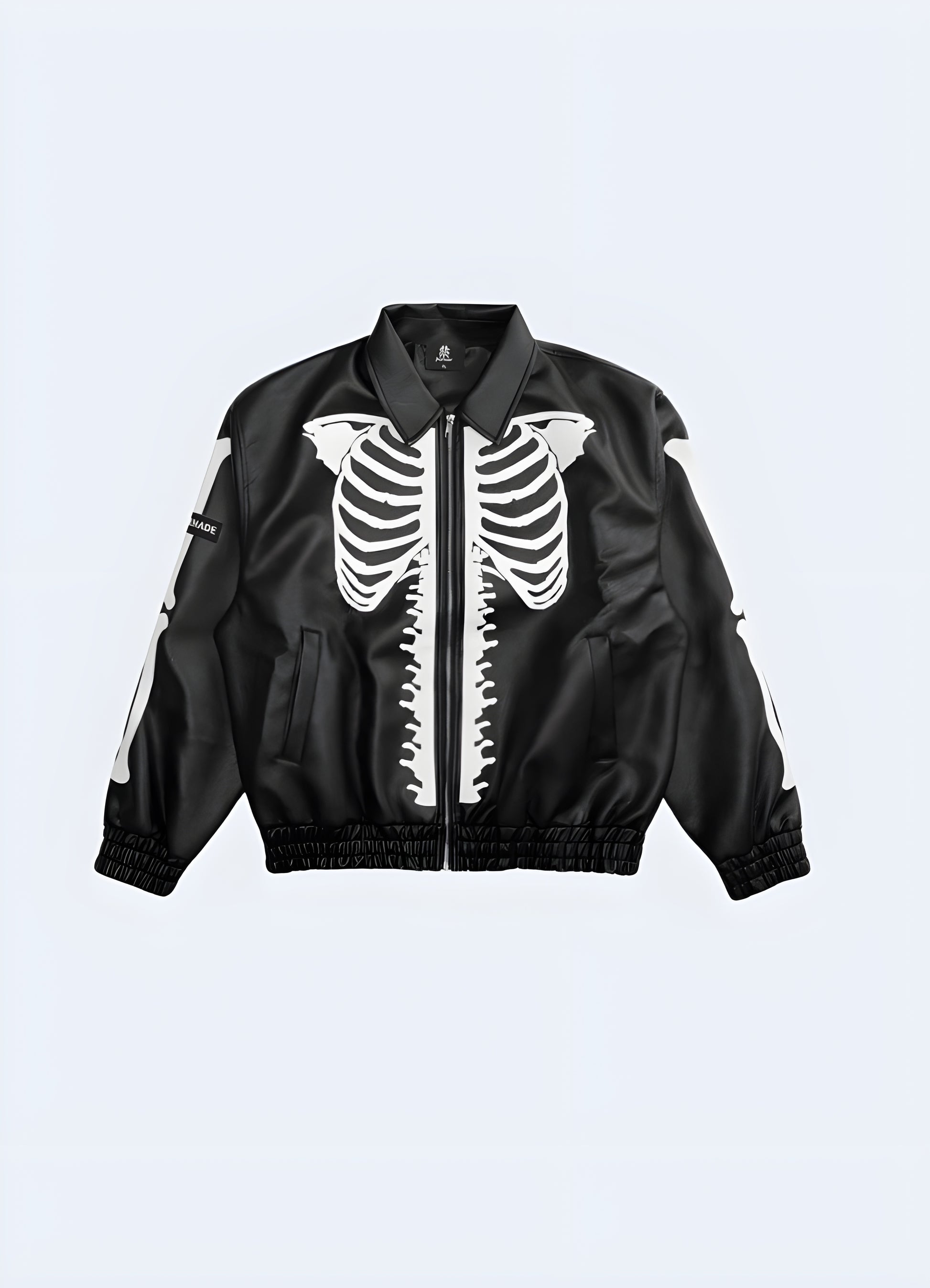 Men's black street leather jacket featuring an embroidered skeleton, front view, designed for daring and stylish looks in Canadian cities.