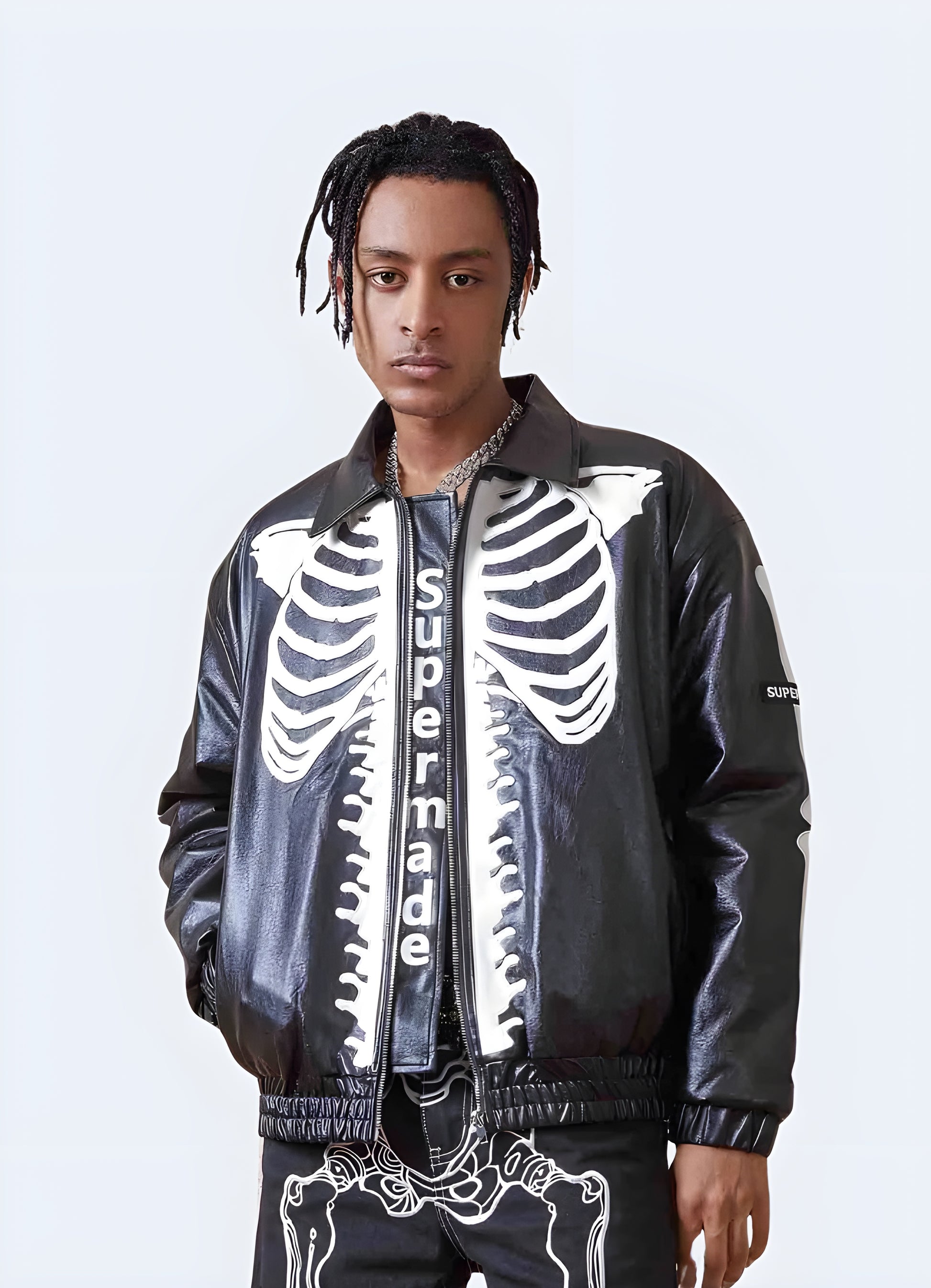 Edgy men's street leather jacket with an embroidered skeleton, perfect for making a bold statement in Canada's urban fashion scene.