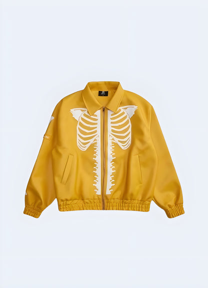 Eye-catching men's yellow street leather jacket with an embroidered skeleton, front view, ideal for standing out in Canada's streetwear scene.