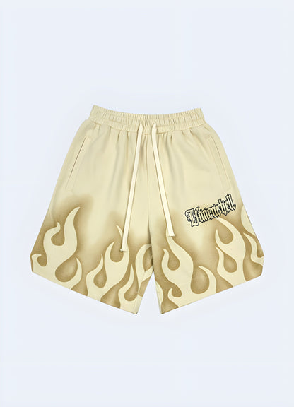 Front view of yellow men's flame shorts, highlighting the vibrant color and unique design, suitable for standing out in the urban fashion scene Canada.