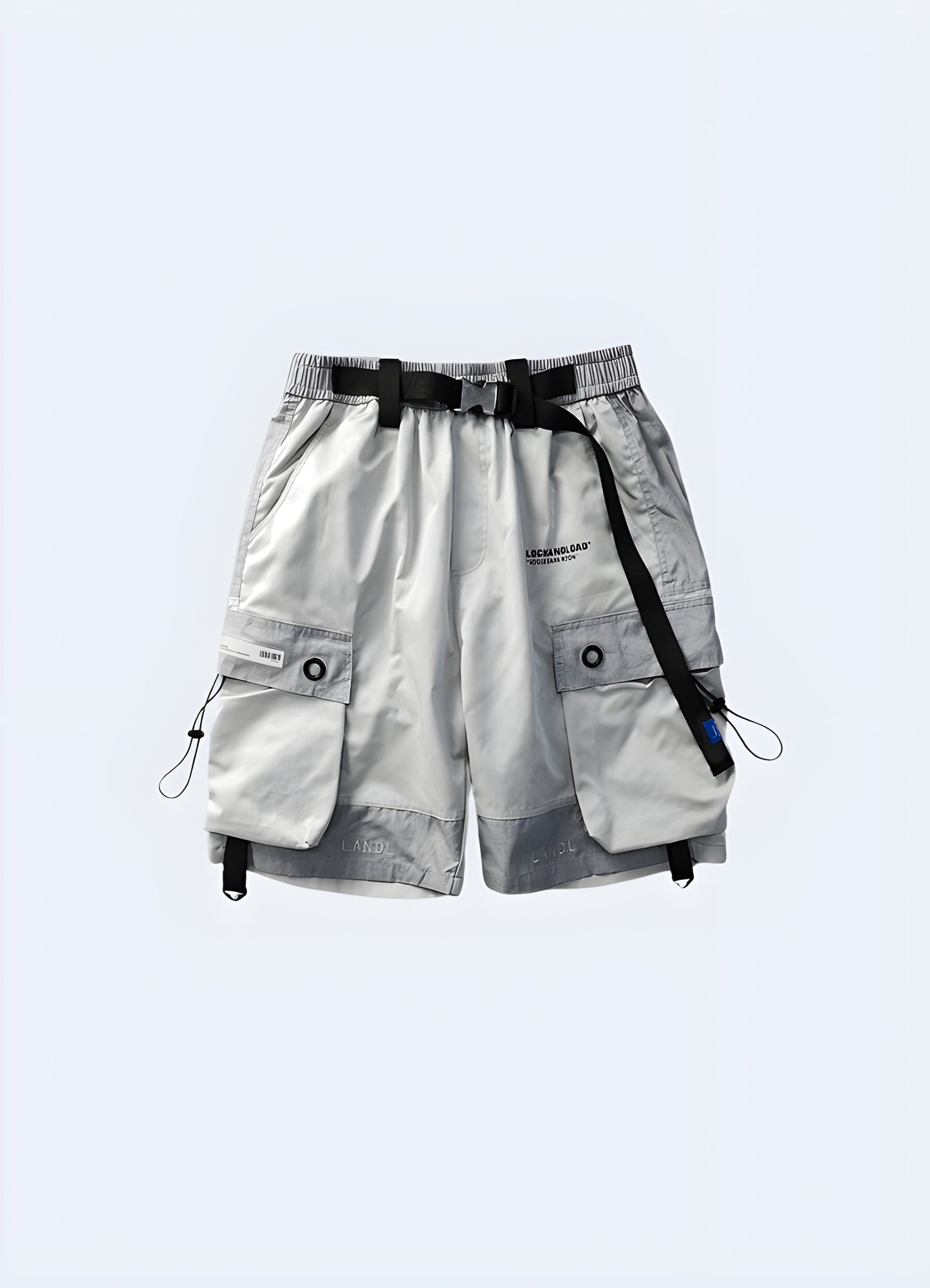 Front view of silver men's jogger shorts, showcasing the sleek design and modern aesthetic, perfect for the fashion-conscious individual Canada.