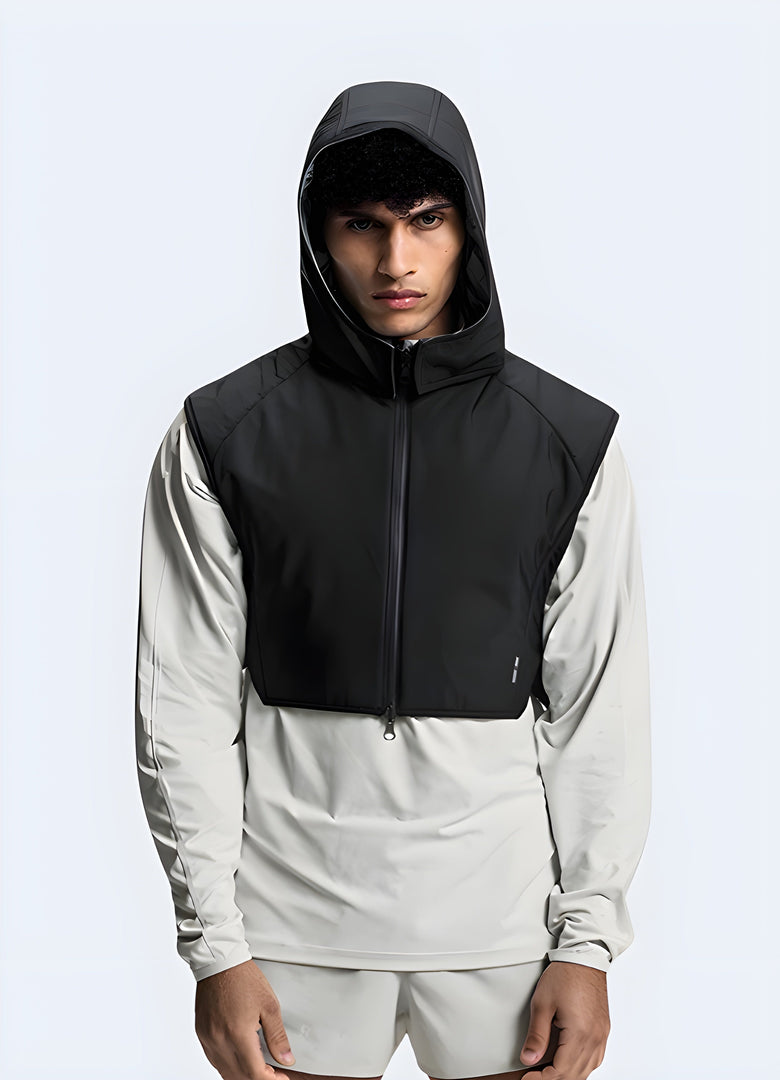 Model wearing a versatile reversible vest in the, displaying the garment's front view with a casual, outdoorsy design, featuring a comfortable fit and practical features, perfect for transitioning between different styles and occasions in the Canada.