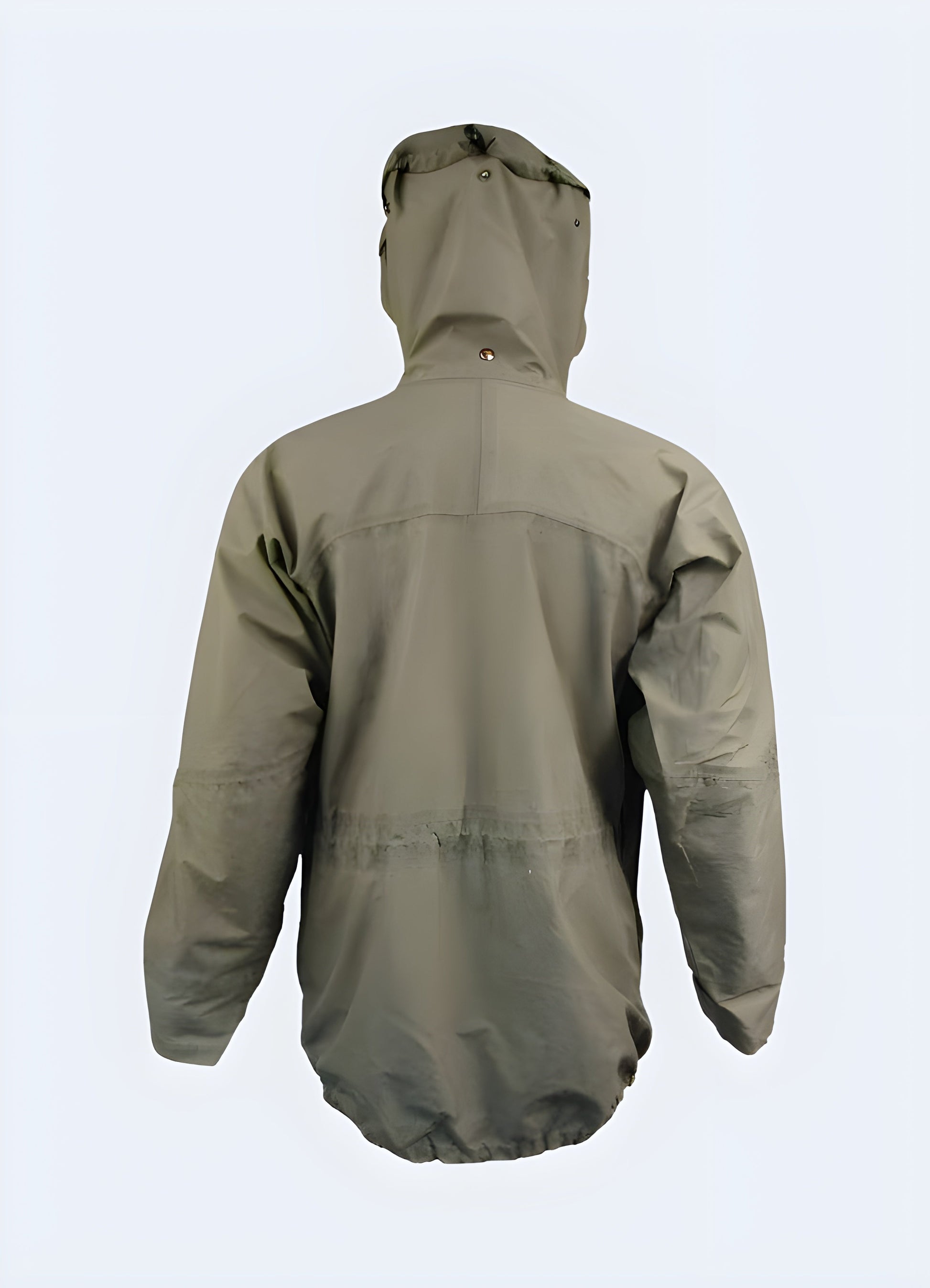 Back side view of a military Gore-Tex jacket showcasing its durable construction, multiple utility pockets, and adjustable elements, engineered to provide superior protection and functionality in Canada's diverse and challenging environments.