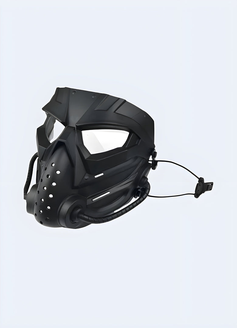 A side view of a military tactical mask with white eye detailing, showcasing its robust design, available in the Canada.