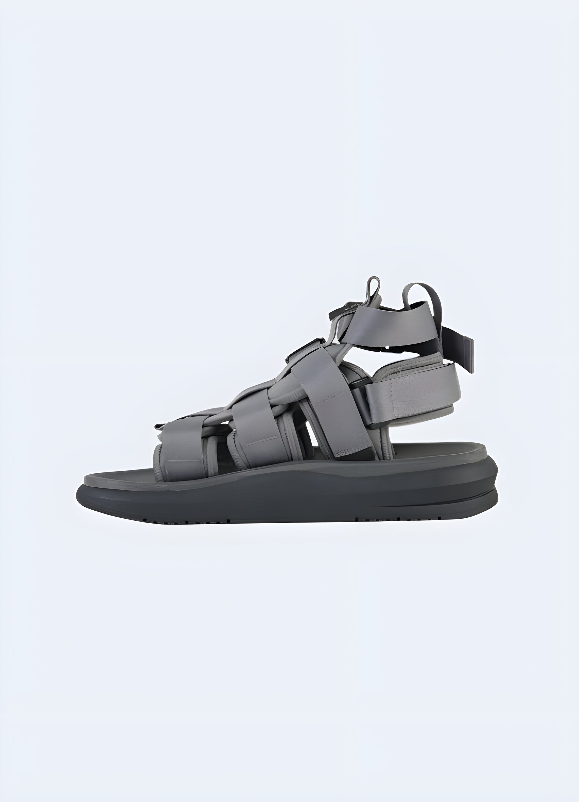 Modular techwear sandals side view available in Canada, showcasing their innovative design and adjustable features.  Model wearing modular techwear sandals side view in Canada, demonstrating their ergonomic fit and stylish appeal.