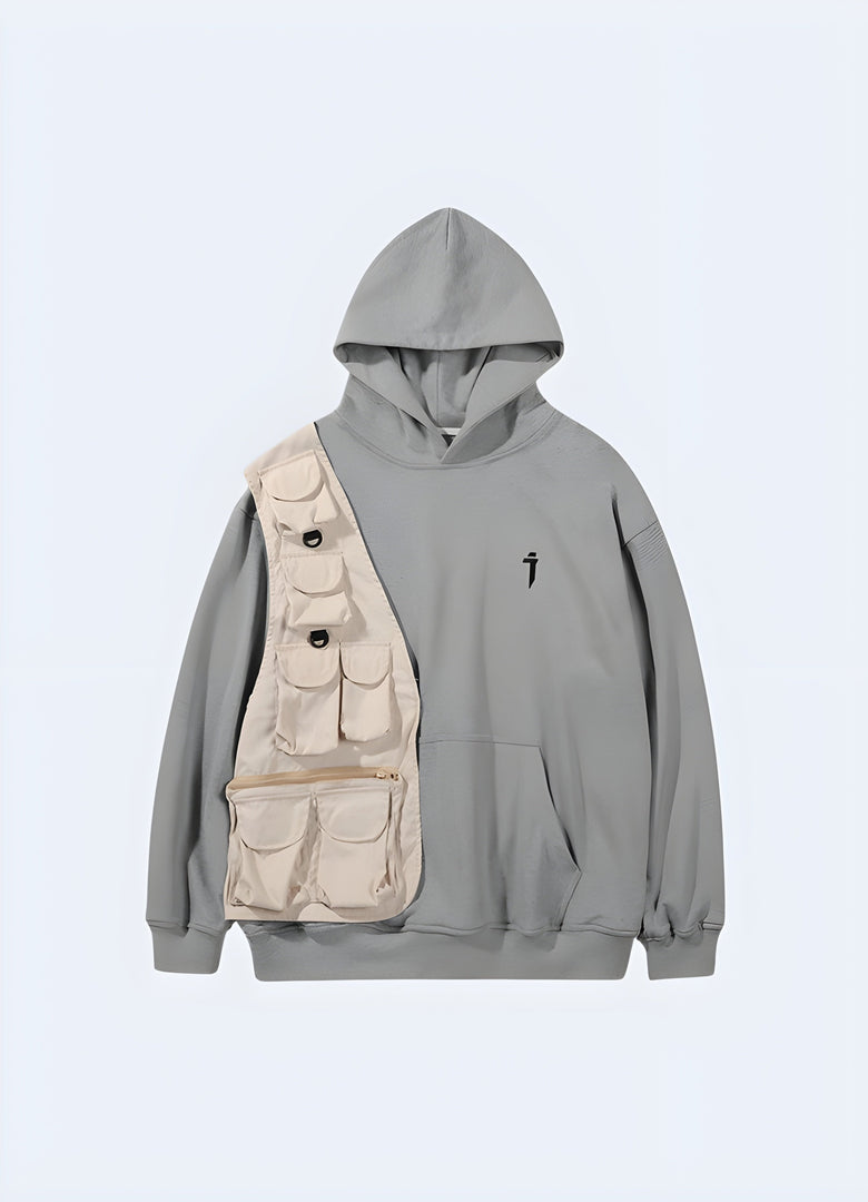 Front view of a multi-pocket grey hoodie in Canada, showcasing its practical pocket design and contemporary fashion appeal.