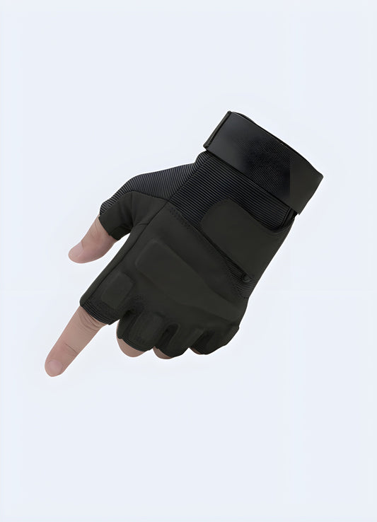 Ninja fingerless gloves, front view, showing durable leather material with reinforced padding on the palms and open fingertips for dexterity Canada.