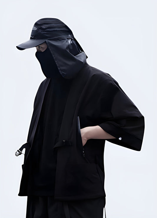 Mysterious Techwear Samurai Kimono Jacket for men, inspired by traditional Japanese stealth warriors, perfect for making a bold statement in the Canada alternative fashion scene.