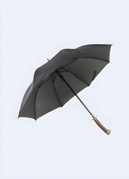 Front view of a ninja sword umbrella with 8 ribs. The handle mimics a sword’s hilt, and the canopy features a blade-like design Canada.