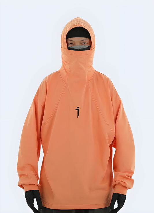 Orange techwear hoodie with multiple straps, pockets, and a futuristic design, ideal for urban exploration or streetwear fashion enthusiasts.