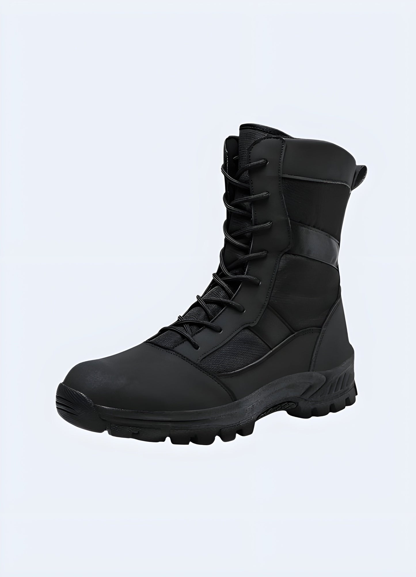 Front side view of outdoor techwear boots, showcasing their durable construction and advanced technical features, perfect for tackling diverse Canada terrain.