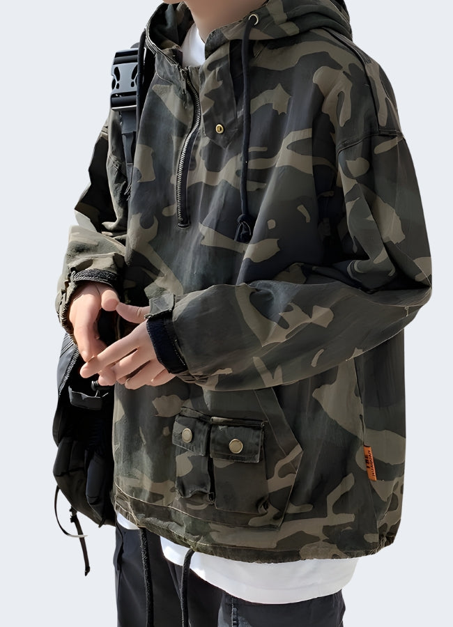 Elevate your streetwear style with this bold camouflage cargo jacket.