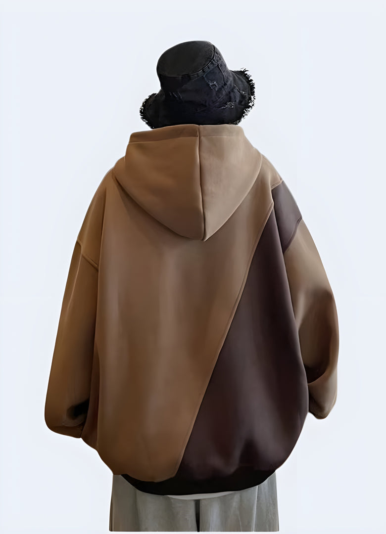 Oversized grey zip-up hoodie in khaki, back view, available in Canada, emphasizing its trendy and functional design.