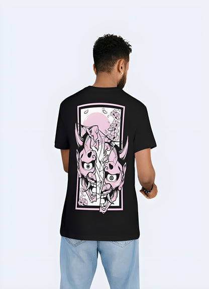 Front view of a pink t-shirt showcasing a fierce oni demon, adding a vibrant and unconventional twist to this traditional Japanese motif in the canada.