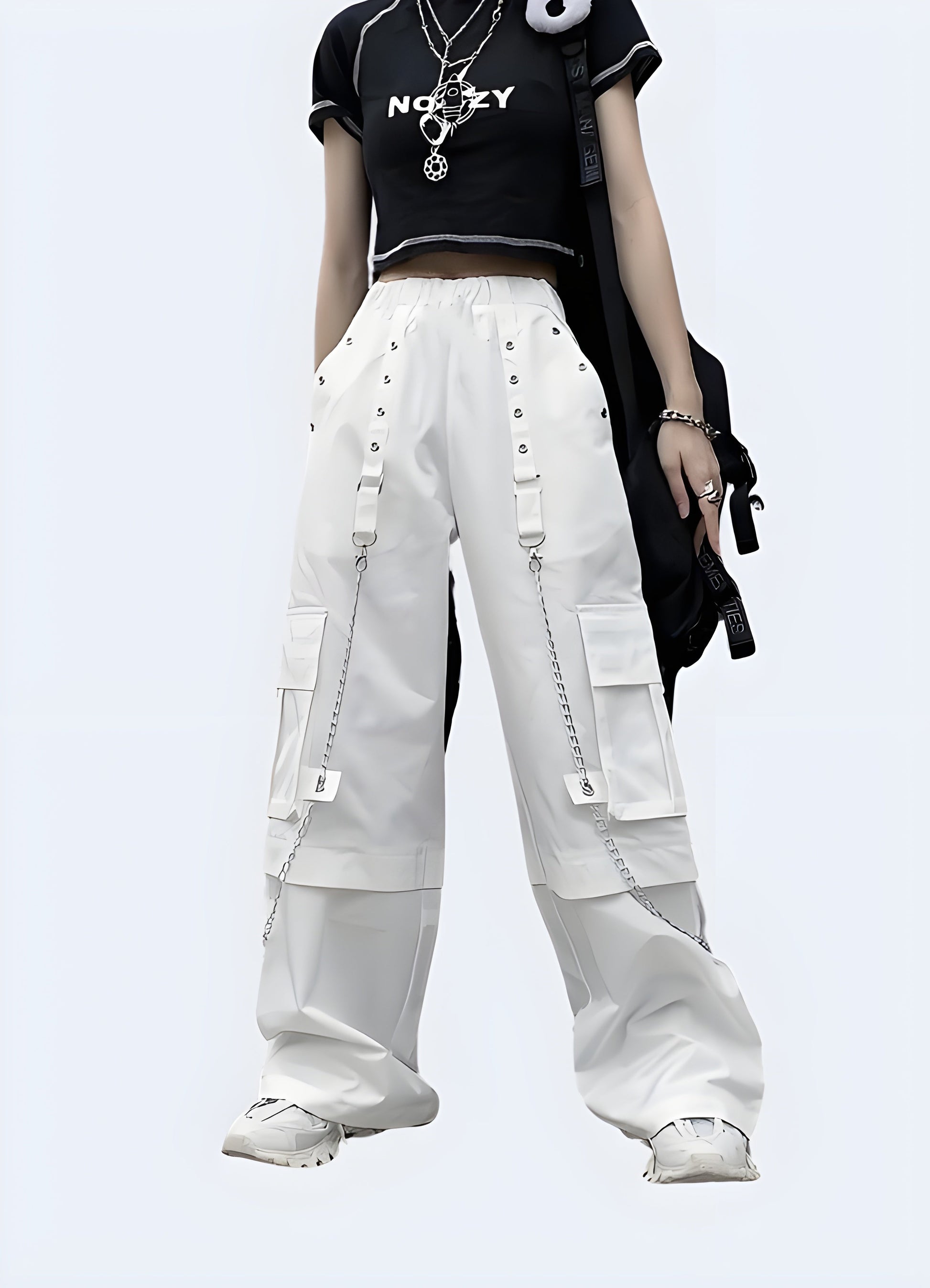 Punk cargo pants white adorned with edgy silver chains, photographed in a modern Canada setting, showcasing a fusion of utility and punk fashion.