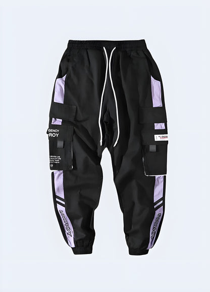 Front view of purple techwear pants showcasing a modern fit, innovative fabric, and cutting-edge design elements, ideal for fashion-forward individuals in Canada.