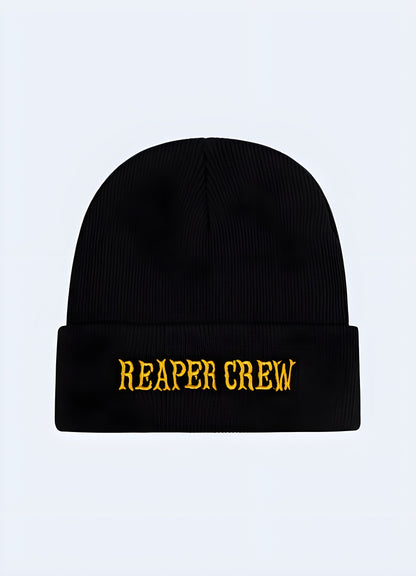  Front view of a model wearing a Reaper Crew beanie, showcasing the beanie's snug fit and bold design Canada.