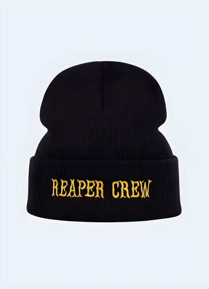 A long, yellow beanie featuring a 'Reaper Crew' design on the front. The beanie has a snug fit and is designed for a stylish, casual look Canada.