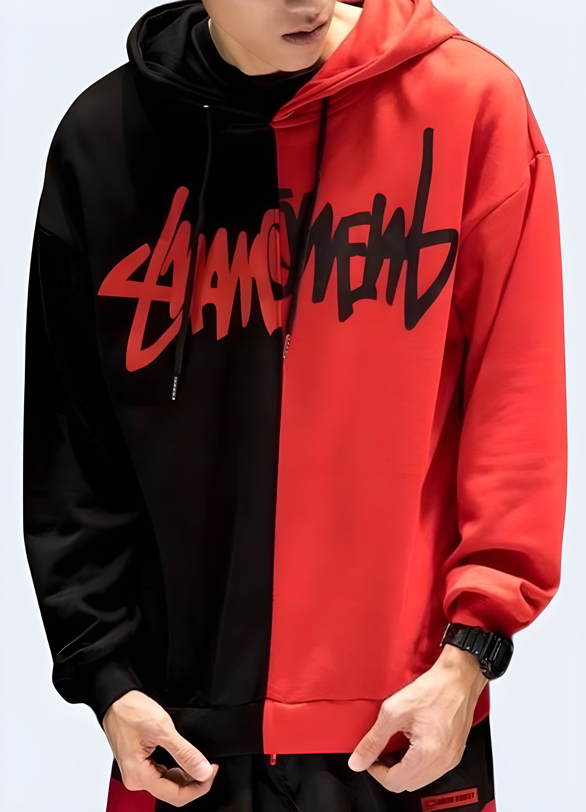 Stylish red and black split hoodie with a bold two-tone design, perfect for making a statement in the Canada.