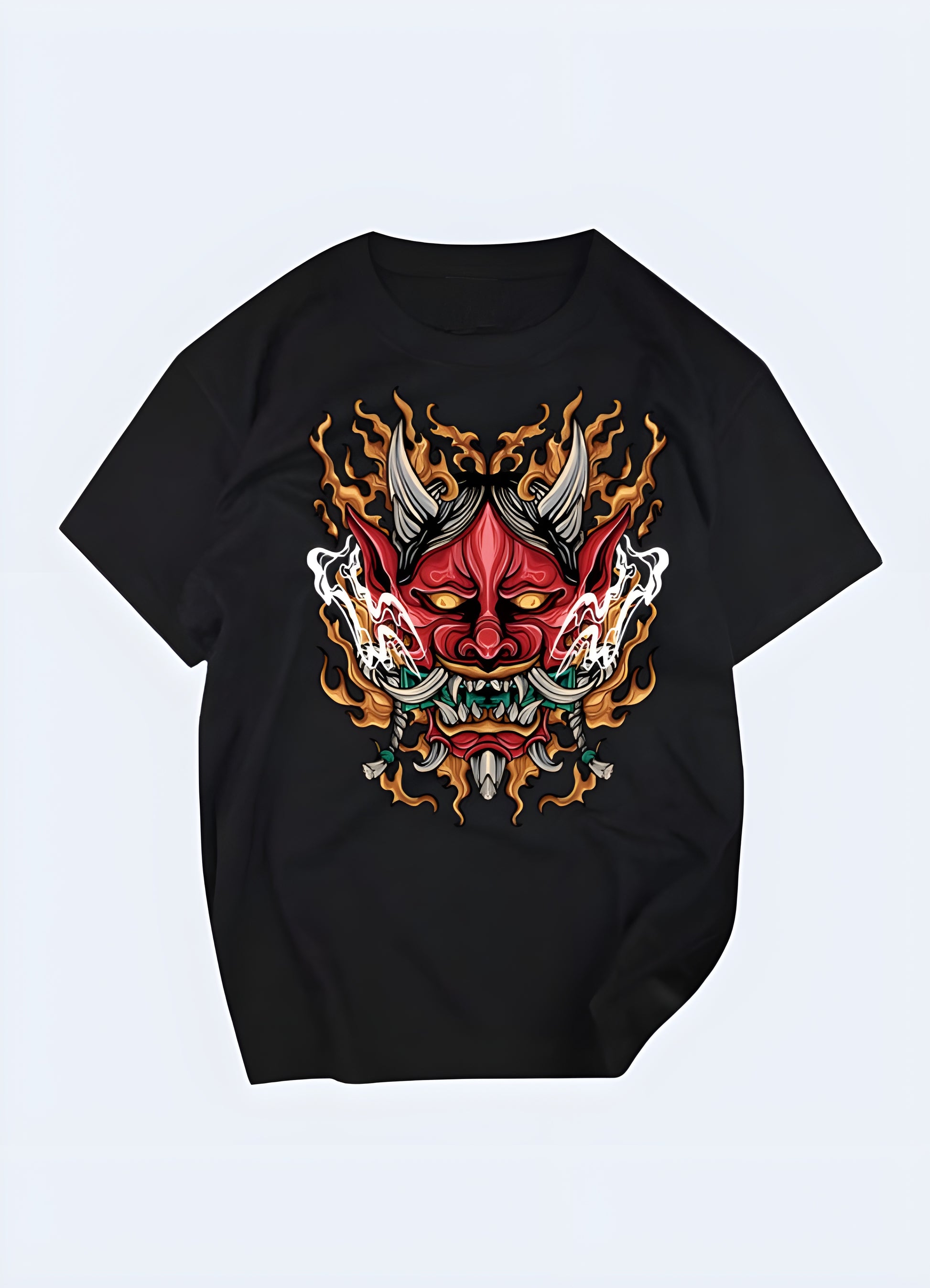 Front view of a red t-shirt with a menacing oni demon graphic, ideal for those who appreciate bold and eye-catching designs inspired by Japanese culture in the canada.