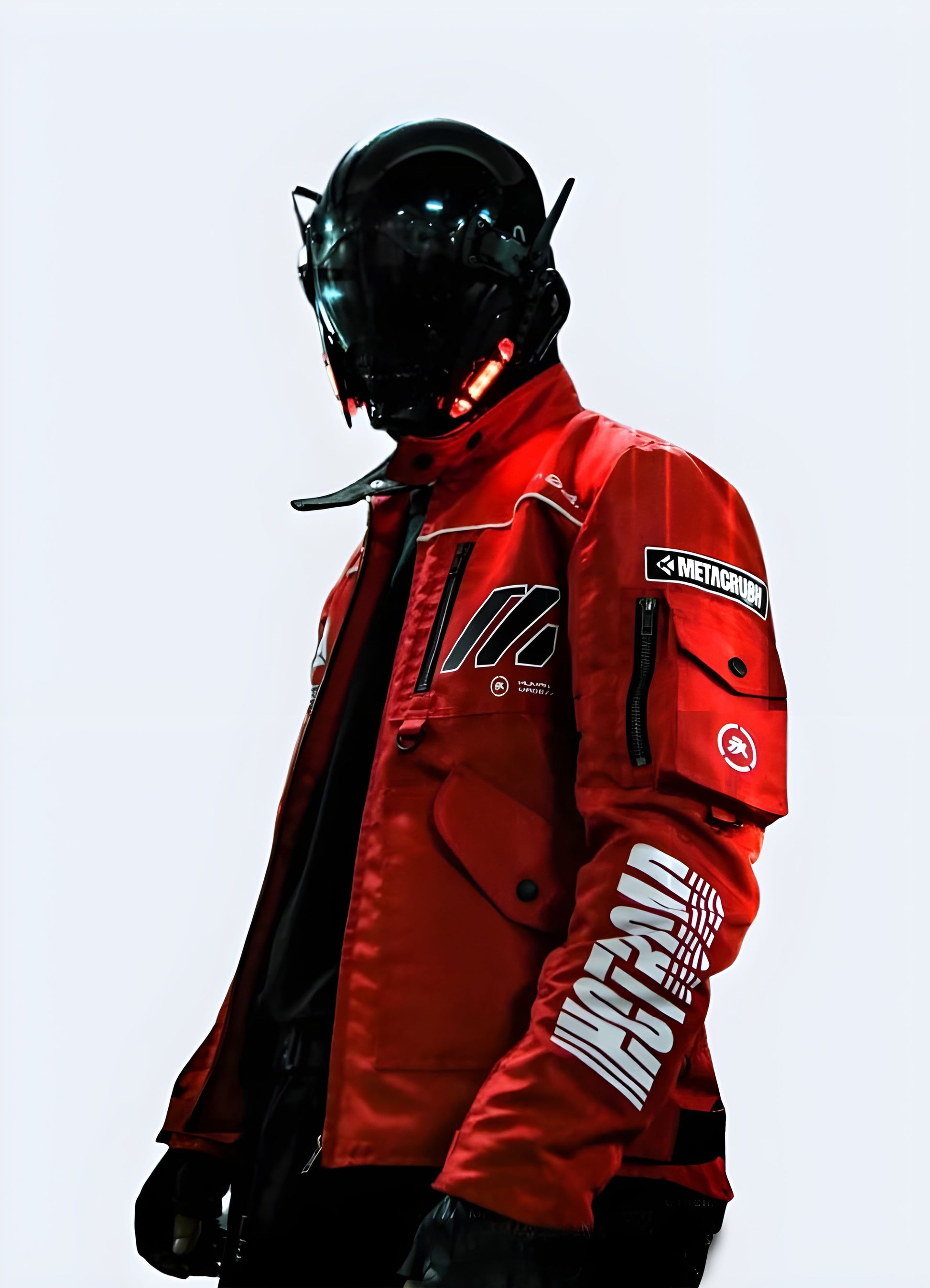 Vibrant red techwear jacket with advanced materials and functional features, designed for urban exploration and everyday wear in Canada's dynamic environments while making a bold statement.