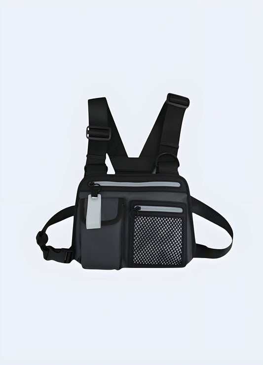 The front view highlights the multiple pockets and adjustable straps, showcasing the rig's practical and stylish appearance Canada.