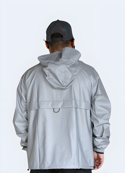 Back side view of a grey reflective streetwear jacket highlighting its reflective elements, modern aesthetics, and durable construction, ideal for staying visible and fashionable in Canada's urban landscapes during low-light conditions.