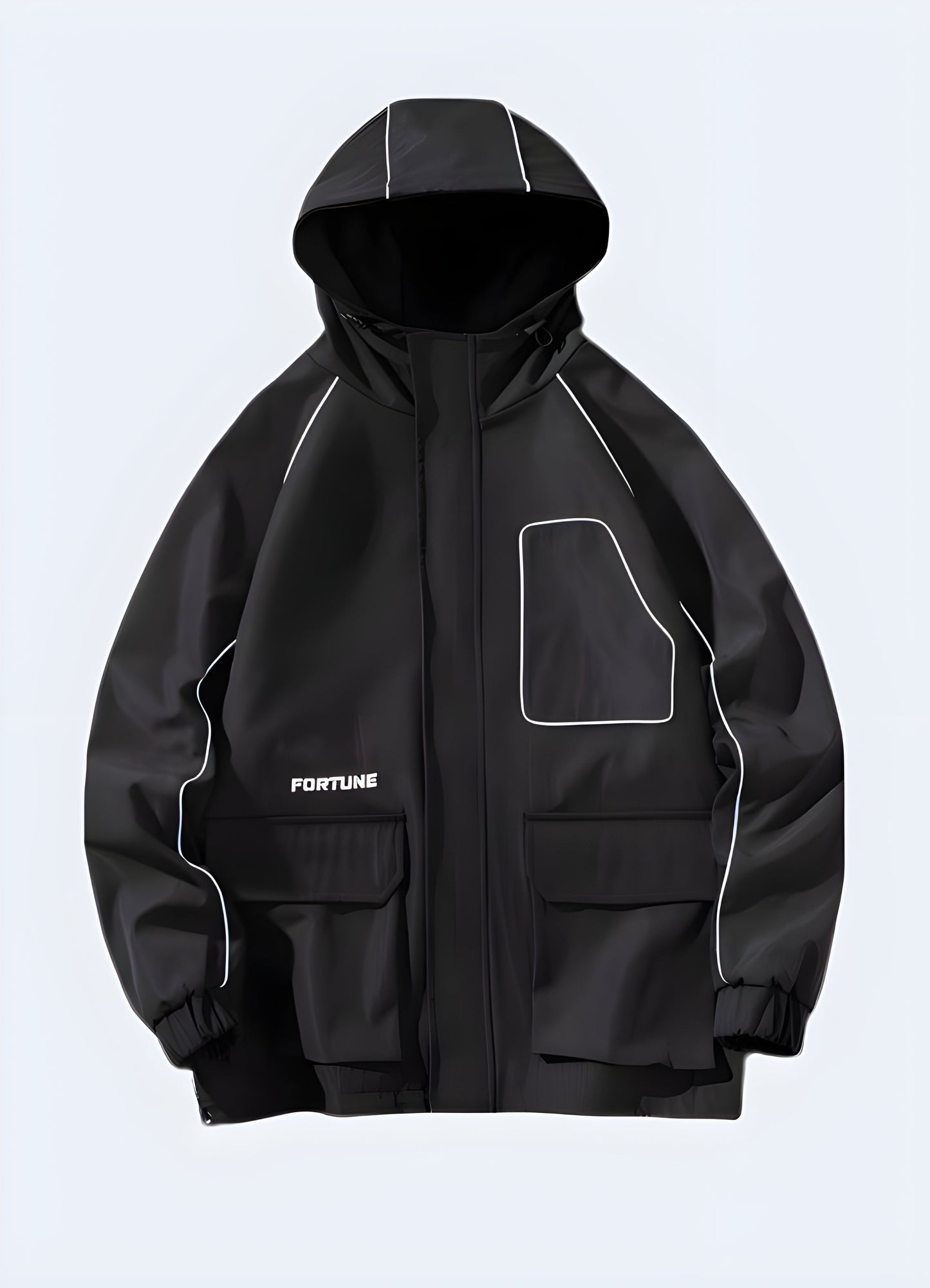 Front side view of a black reflective rain jacket showcasing its reflective strips, durable construction, and modern silhouette, ideal for outdoor activities and urban commuting in Canada's rainy weather while maintaining style and enhanced visibility.