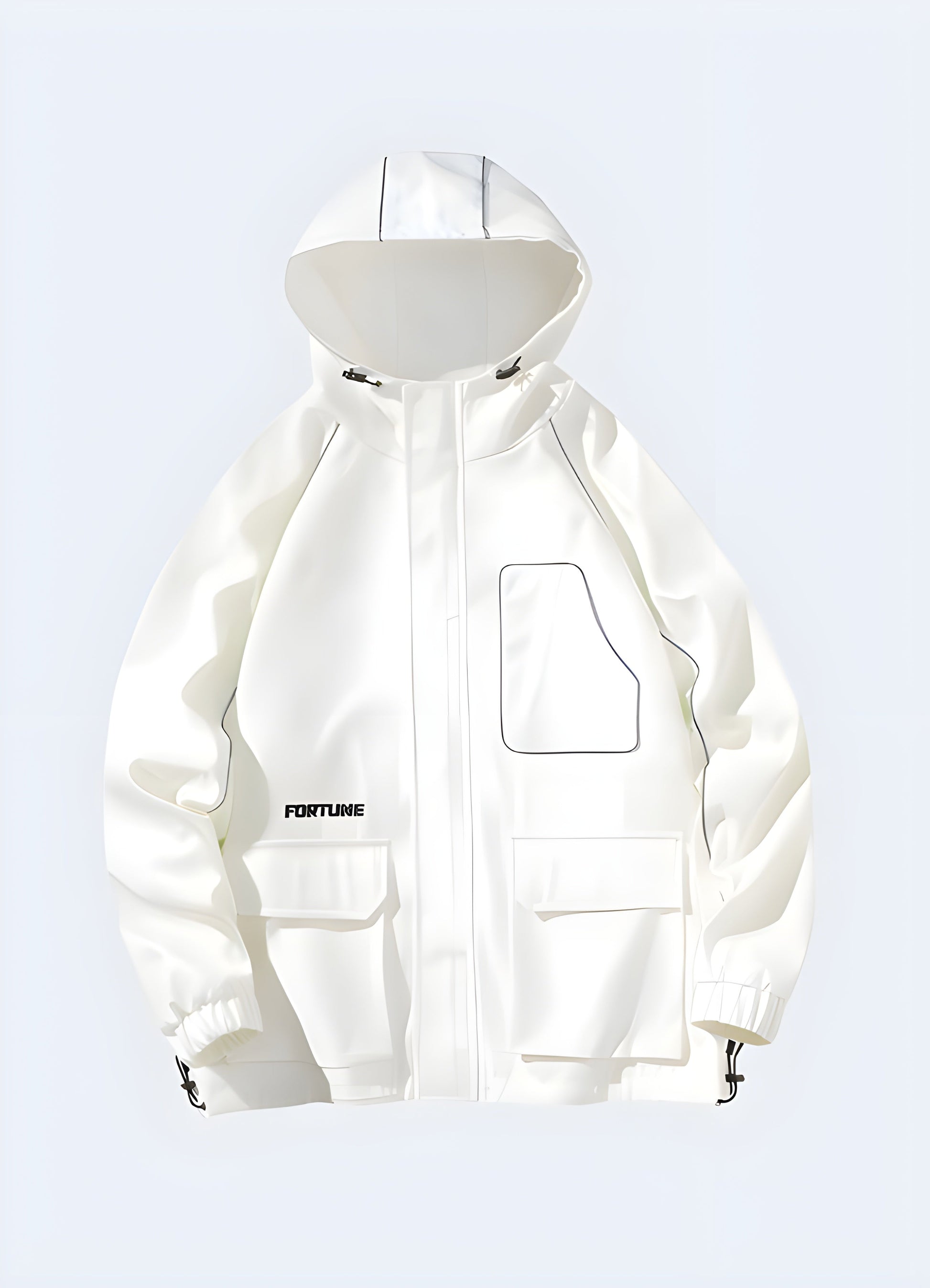 Front side view of a white reflective rain jacket highlighting its reflective strips, durable construction, and modern silhouette, perfect for staying dry, visible, and stylish while navigating Canada's rainy weather and diverse environments.