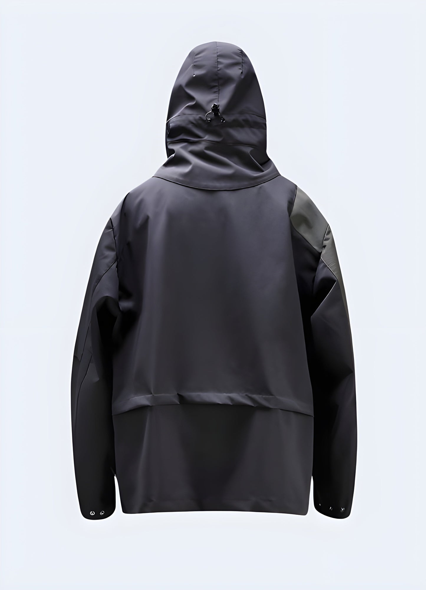 Back view of the Reindee Lusion all-weather jacket highlighting its adjustable hood, ventilation features, and durable construction, designed to keep wearers dry, comfortable, and stylish in any environment across Canada.