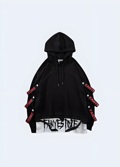 Front view of a distinctive ribbon hoodie in Canada, showcasing its creative design featuring cascading ribbons, adding a touch of avant-garde style to any casual outfit.