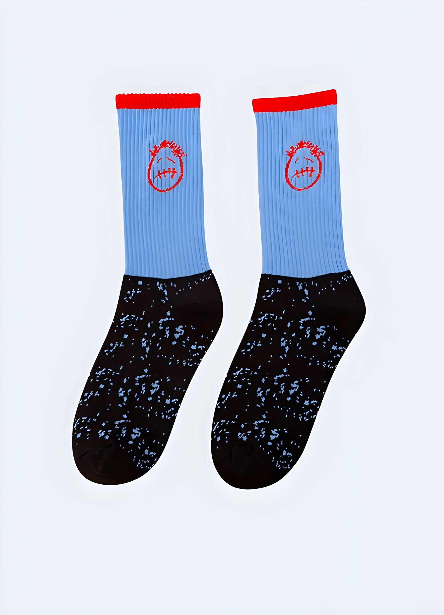 Side view of blue sad face socks, showcasing the adorable and emotive design that appeals to Canada consumers looking for fun and playful accessories.