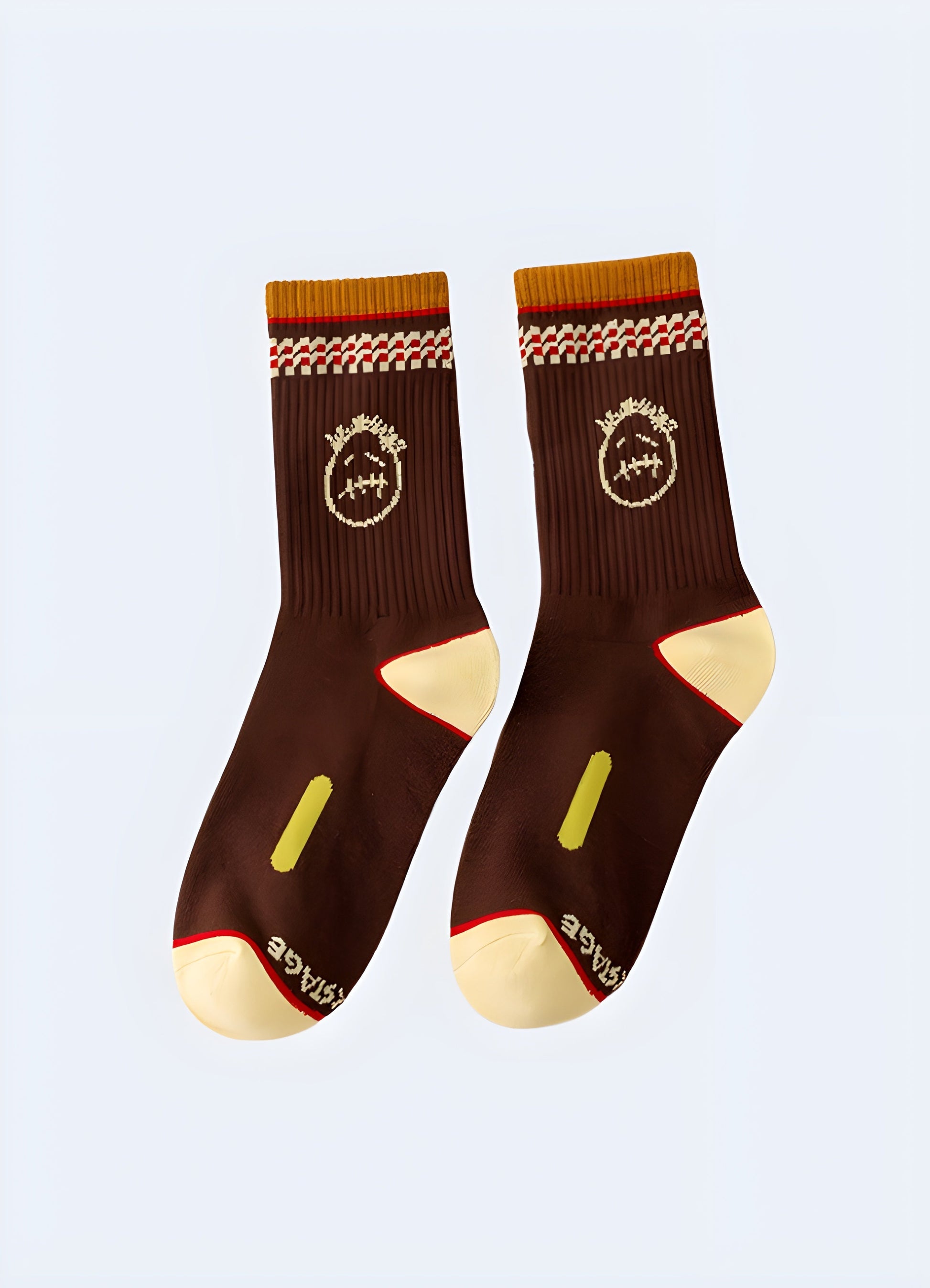 Brown sad face socks shown from the side view, featuring a distinctive and endearing design that caters to the tastes of Canada consumers who appreciate unconventional fashion choices.