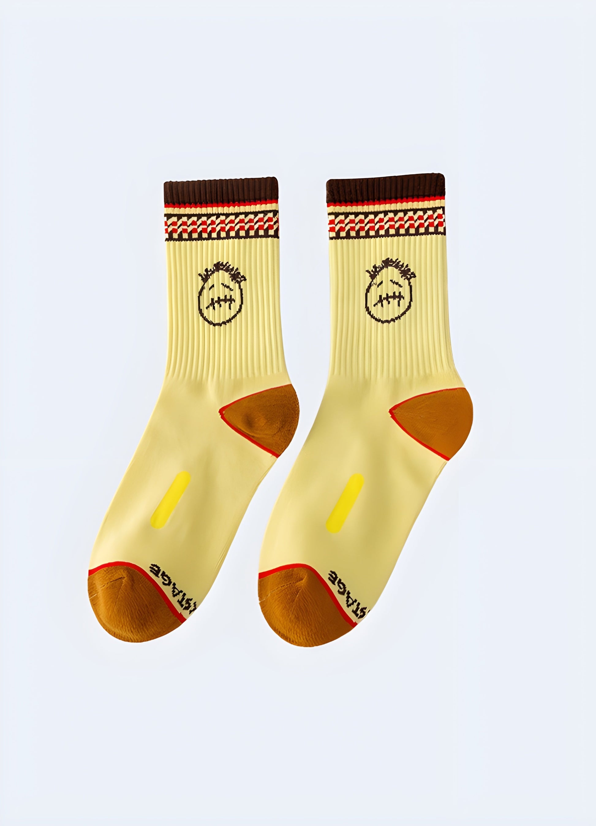 Yellow sad face socks displayed from the side view, highlighting the vibrant color and charming character that captures the hearts of Canada fashion enthusiasts.