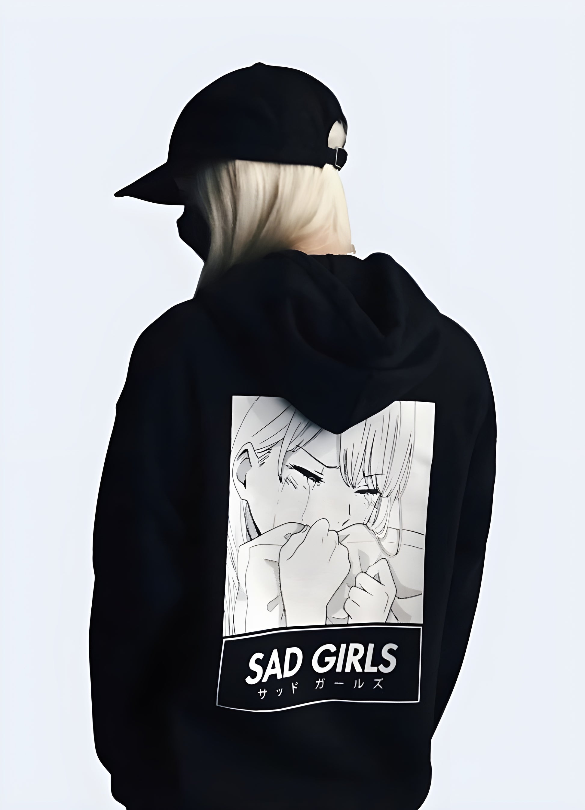 Woman in Canada wearing a sad girls manga hoodie, featuring a unique design.