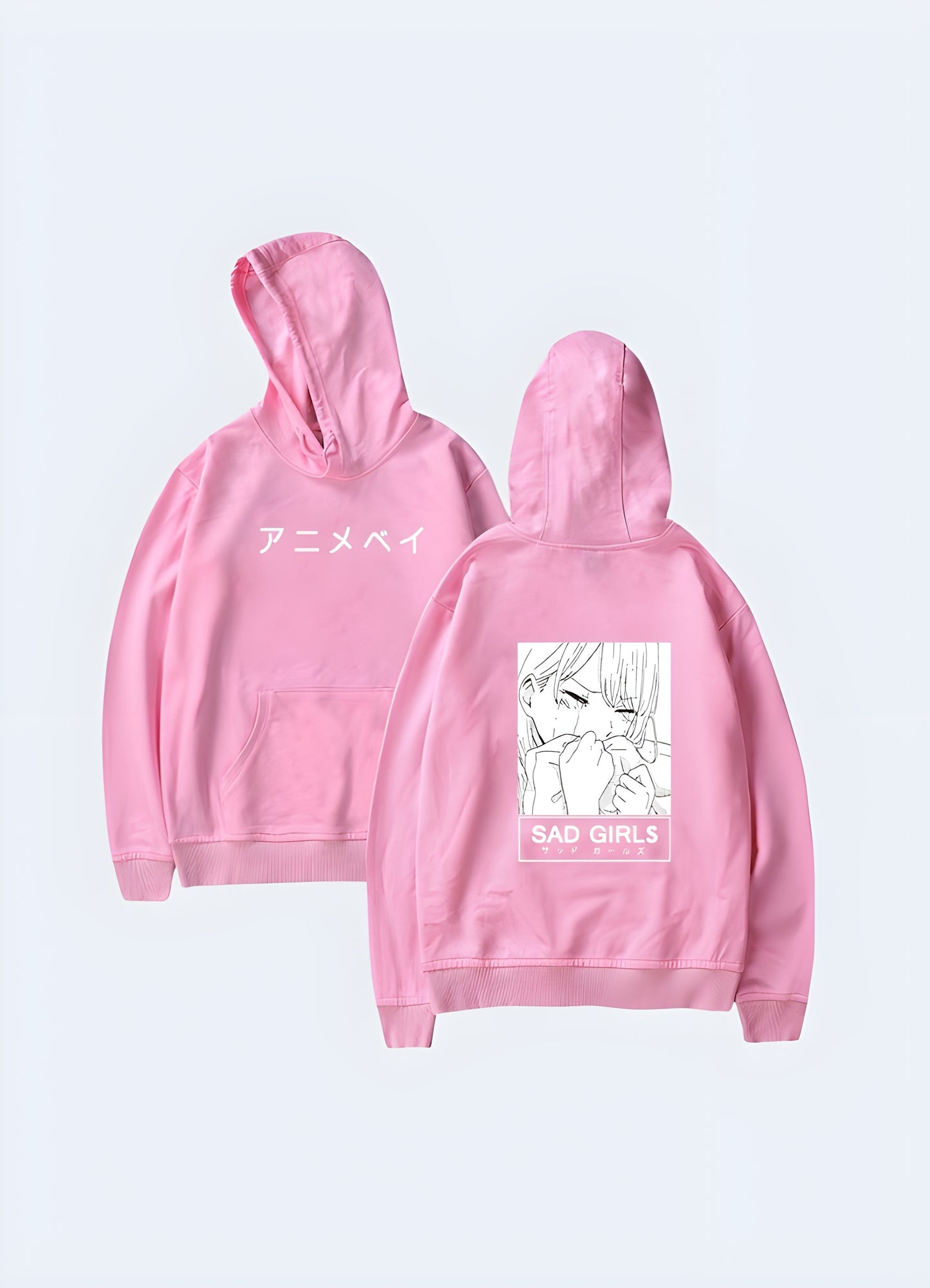 Front view of a woman in Canada adorned in a fashionable pink sad girls manga hoodie.