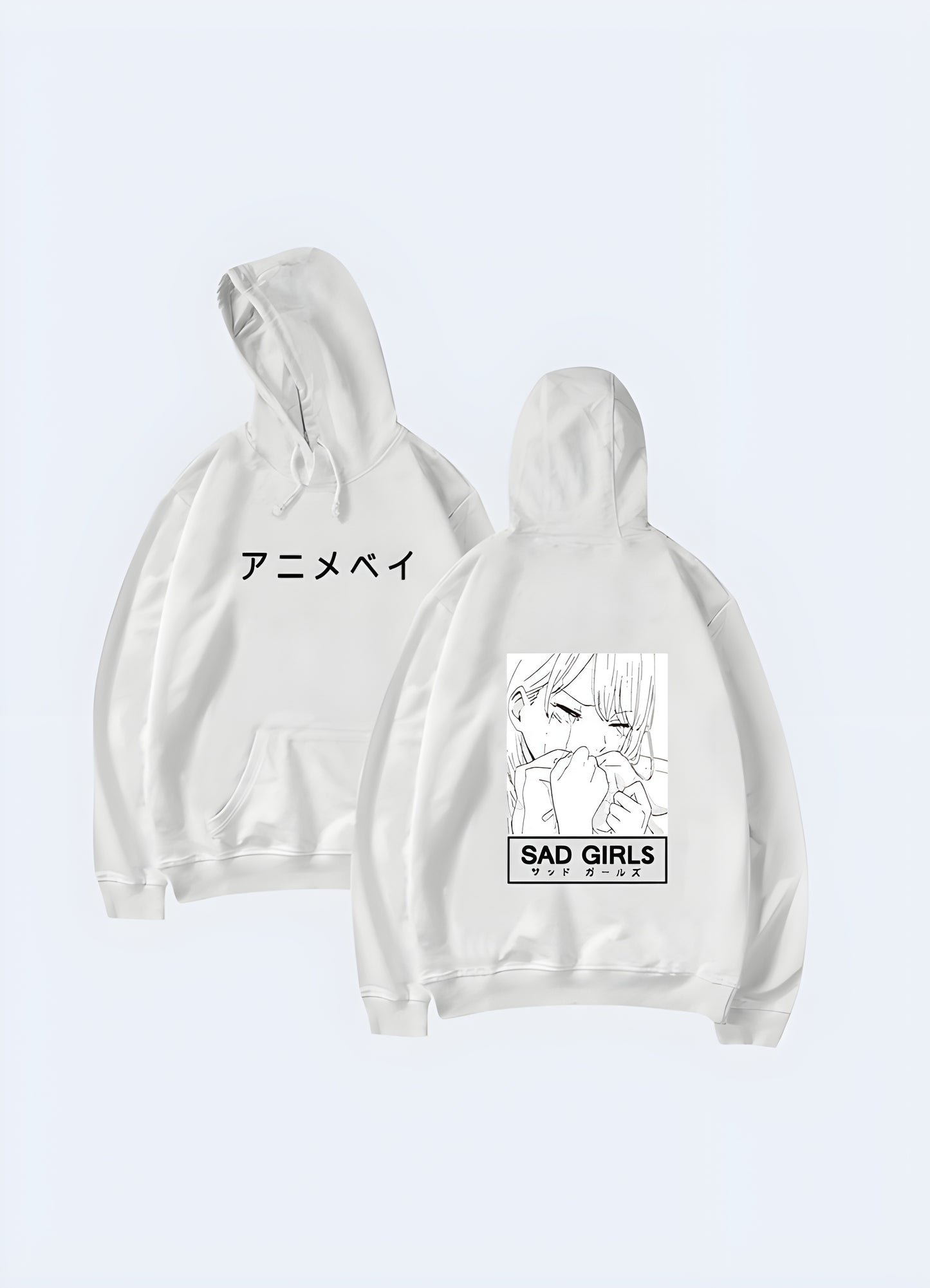 Front view of a woman in Canada dressed in a stylish white sad girls manga hoodie.