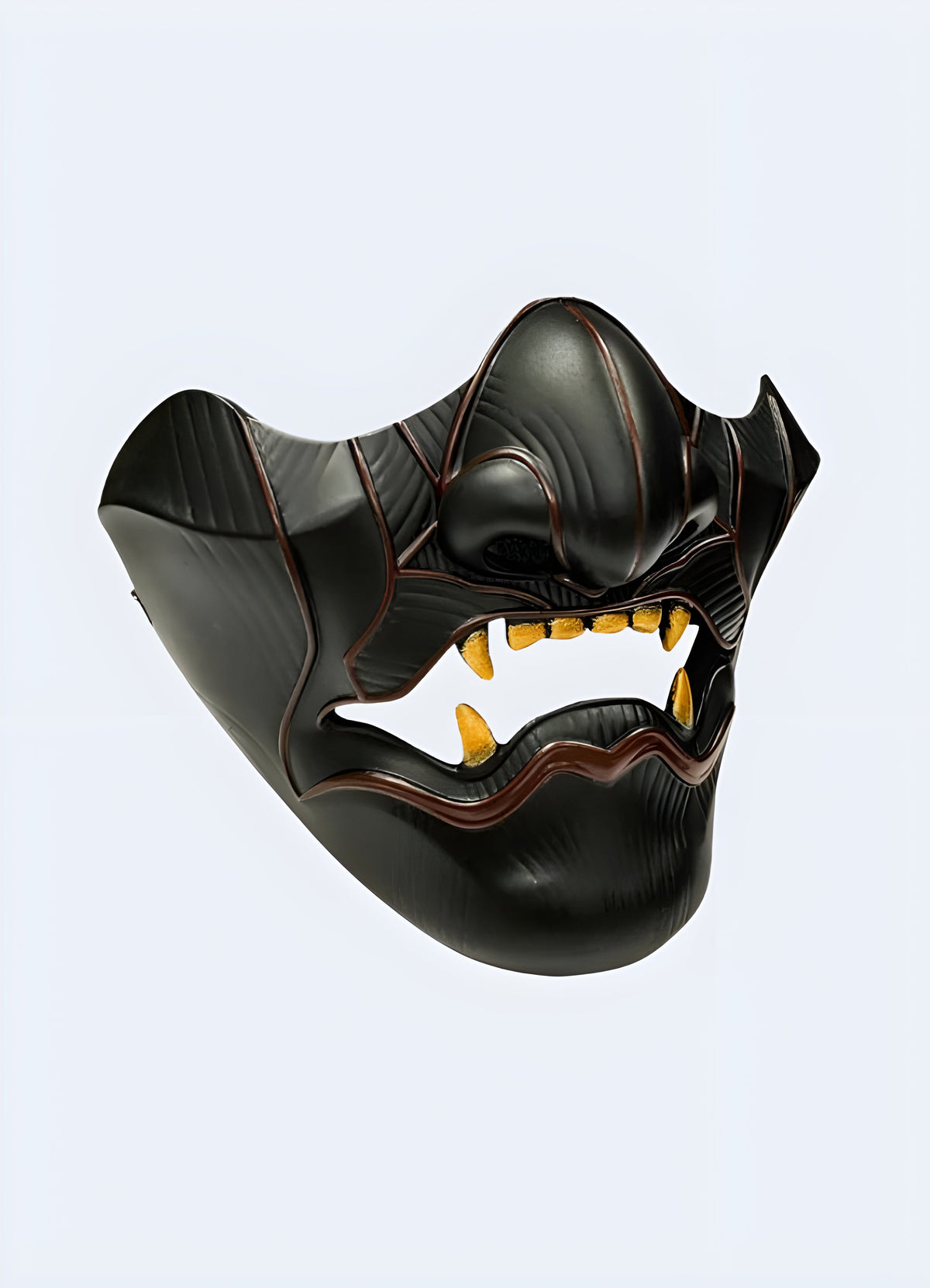 Samurai Oni Mask side profile showing horn-like ridges running back across the cheek
