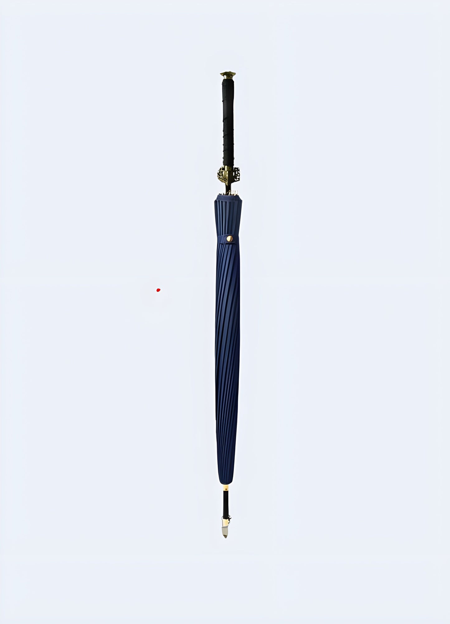 Front view of a model holding a blue samurai sword umbrella. The handle looks like a sword's hilt, and the canopy resembles a sword blade Canada.