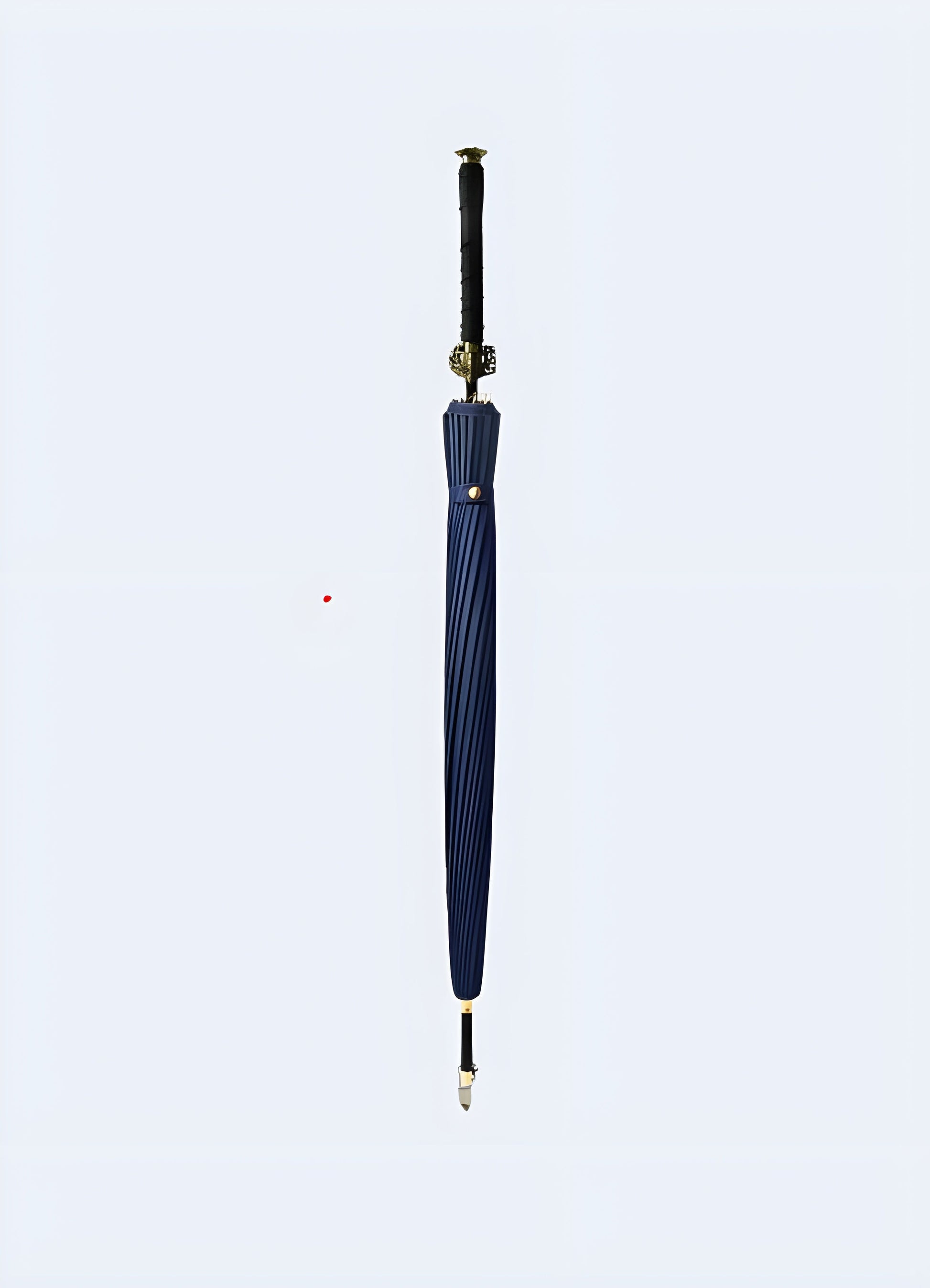 Front view of a model holding a blue samurai sword umbrella. The handle looks like a sword's hilt, and the canopy resembles a sword blade Canada.