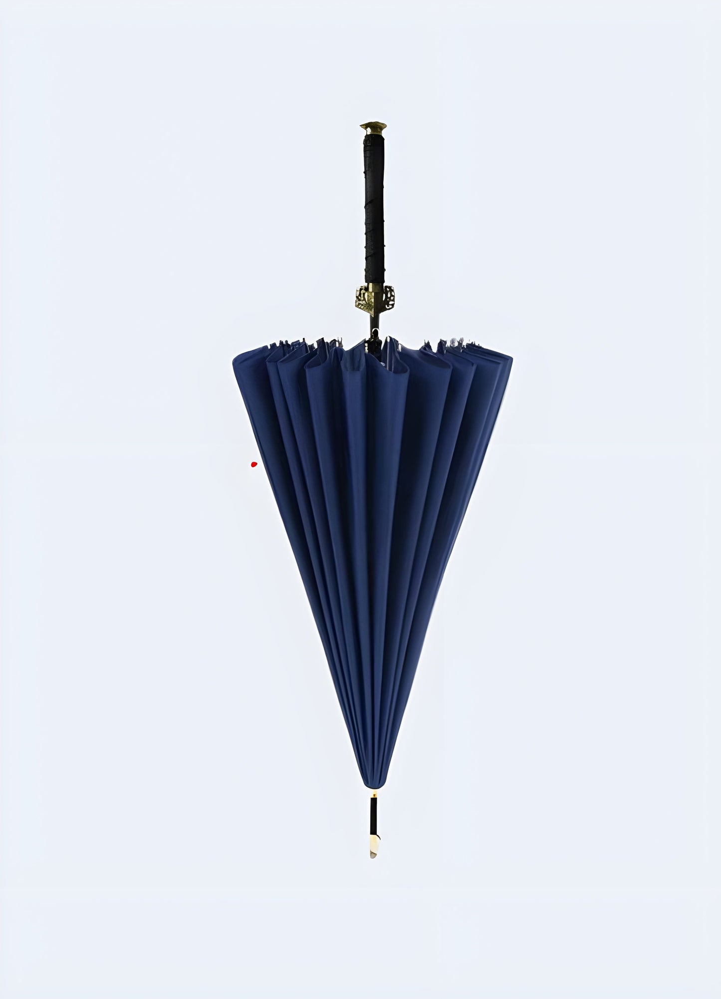 Front view of a blue samurai sword umbrella. The handle resembles a sword's hilt, and the canopy is designed to look like a sword blade Canada.