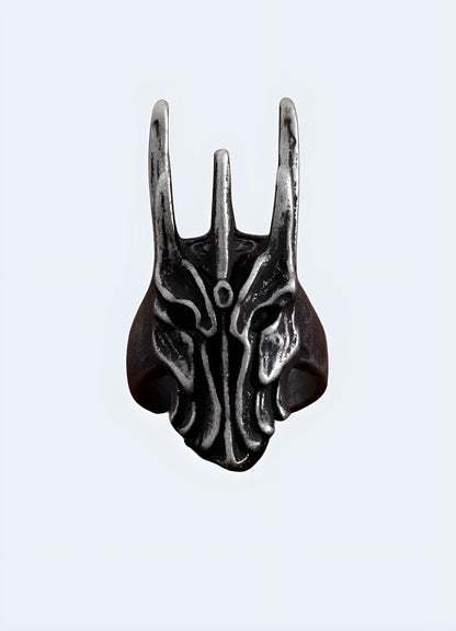 Sauron ring displayed from the front view, showcasing its intricate, dark design inspired by the iconic ring from the Lord of the Rings series Canada.