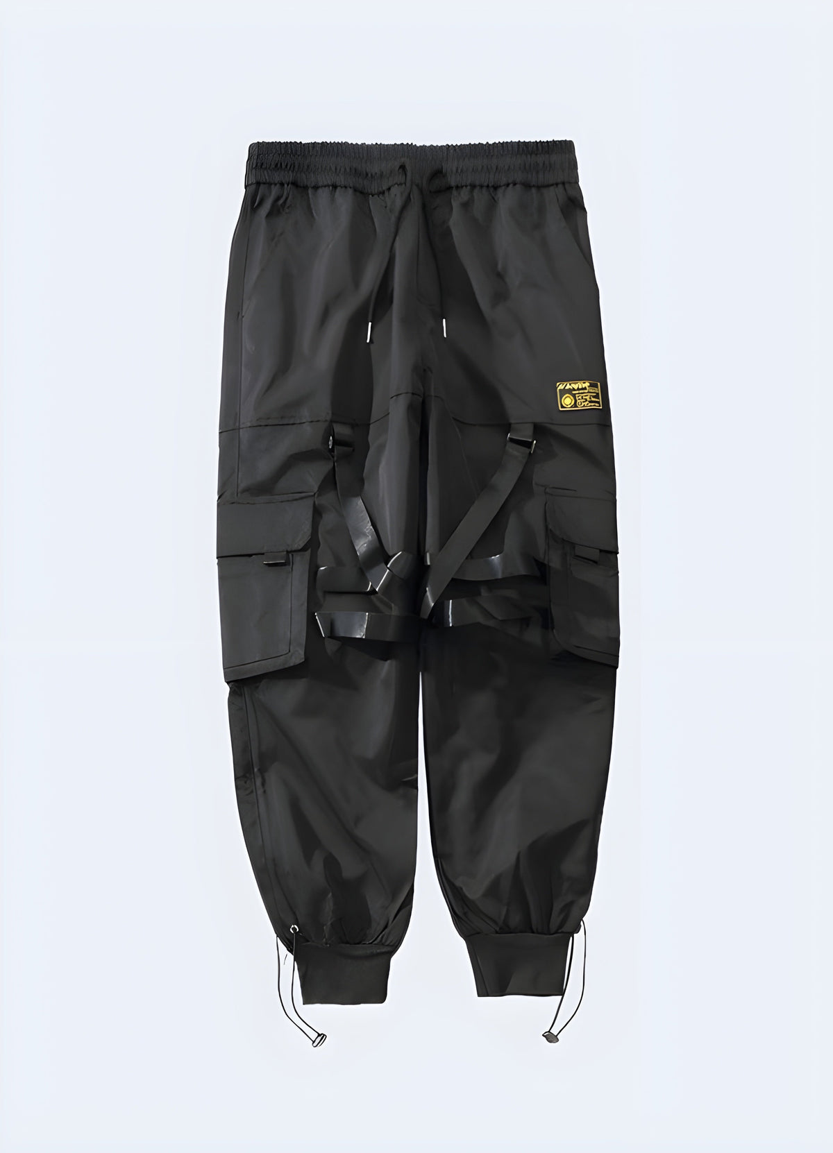 Close detail of the pocket and waistband area on Scarlxrd techwear cargo pants