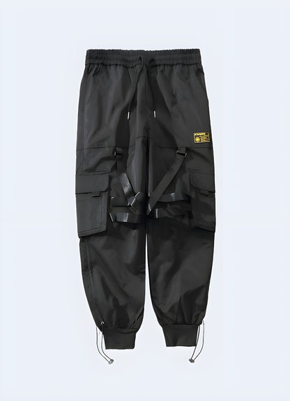 Front view of Scarlxrd-style pants showcasing unique graphics, distressed details, and a relaxed silhouette, ideal for making a statement in the Canadian alternative fashion scene.