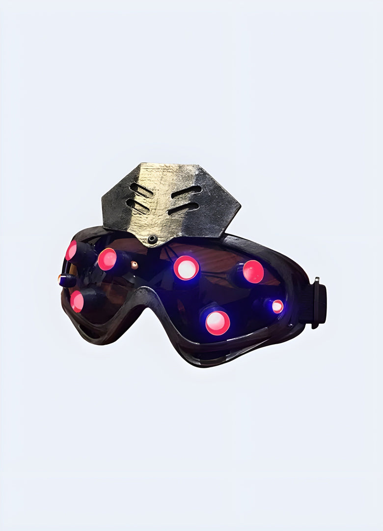 Front view of a silver sci-fi cyberpunk mask with a striking red shield. Ideal for creating a bold, futuristic look Canada.